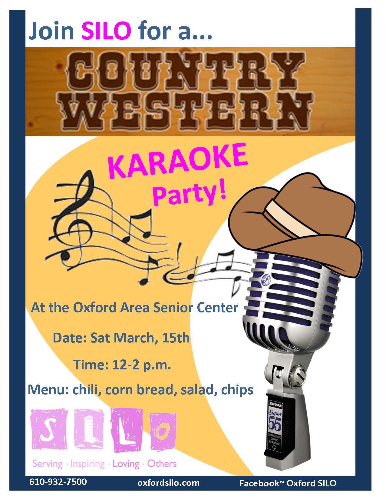 Country Western Karaoke Party, March 15th, 12-2pm at the Oxford Area Senior Center