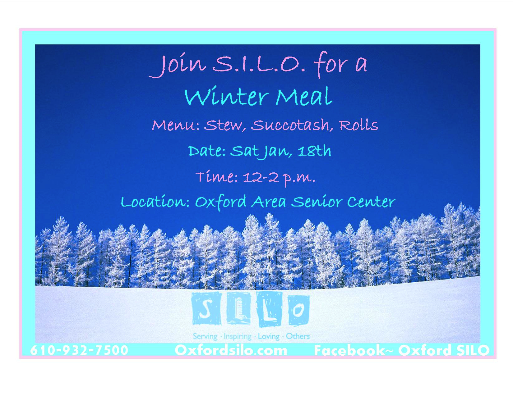 Winter Meal, January 18th, 12-2pm, Oxford Area Senior Center